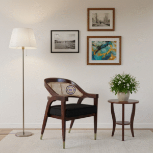 velora cane dining chair side view wooden frame cane back upholstered seat India