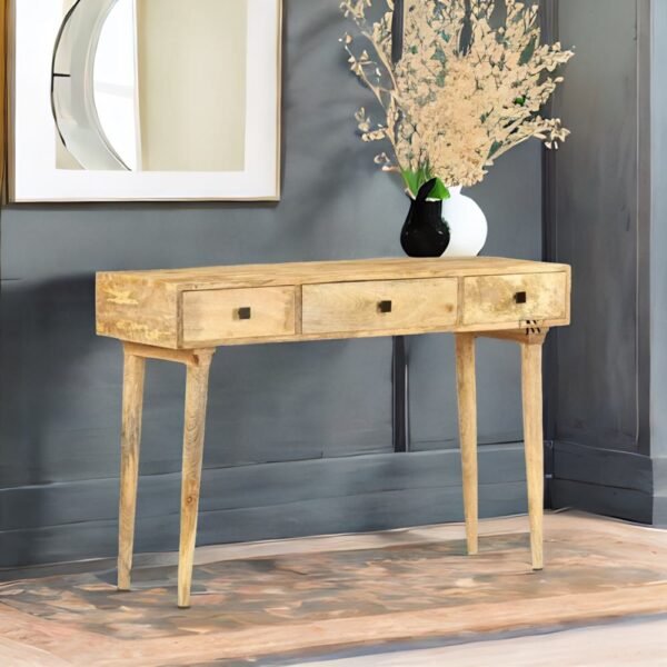 Rustic wooden console table made from solid mango wood, featuring a sturdy tabletop and storage drawers, perfect for entryways, hallways, or living rooms