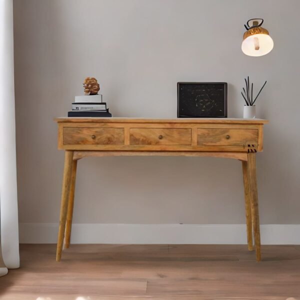 Julie three-drawer console table made from solid mango wood with an oak finish, perfect for narrow spaces like hallways and entryways