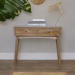 Solid mango wood console table with two storage drawers, brass knobs, and a natural oak-ish finish, perfect for Indian homes.