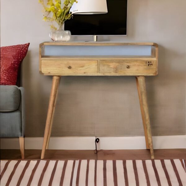 Solid mango wood console table with Scandinavian-inspired design, featuring two drawers, an open storage slot, curved edges, and sturdy tapered legs in a luxurious oak-like finish, ideal for compact spaces."