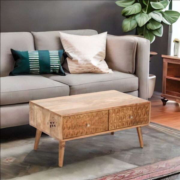 Stylish wooden coffee table made of mango wood with two drawers for storage, perfect for living rooms.