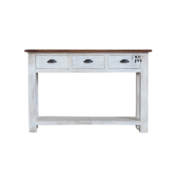 Wooden Console Table with 3 Drawers in Mango Wood, Medium White Wash Finish