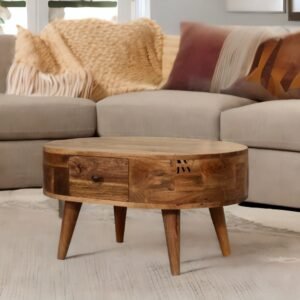 Mini solid wood coffee table with rounded edges, small drawer with shiny knob, and Nordic-style legs in natural pine finish.