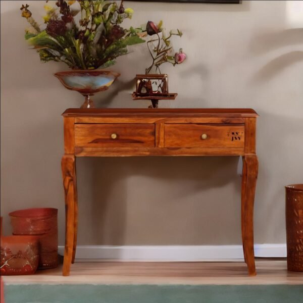 Solid Sheesham wood console table with three drawers and a sturdy top, showcasing unique wood grain patterns, perfect for living room decor and storage.