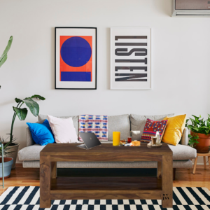 Solid Indian rosewood coffee table with storage tray, handcrafted with unique natural grain for modern living rooms.