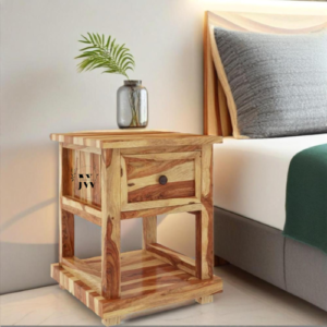 Miami Solid Wood Bedside Table with drawer and open shelf for books and decor in rustic textured wood design