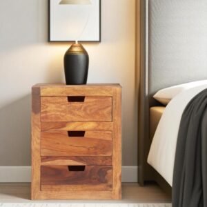 Hanoi Solid Sheesham Wood Bedside Table with three drawers, polished and lacquered for a rustic yet elegant bedroom storage solution