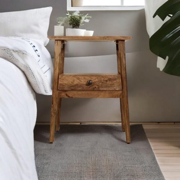 Mango Wood 1-Drawer Nightstand with Open Shelf and Farmhouse Design