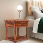 Sheesham/Rosewood bedside table with a single drawer, rustic design, and bottom storage Shelf