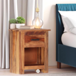 Solid Sheesham wood nightstand with a rustic design, featuring a single drawer and open shelf for storage, perfect for bedroom decor