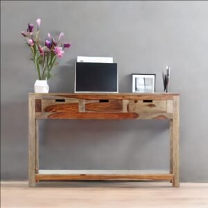 Solid sheesham wood console table with three drawers and a bottom shelf, featuring unique wood grains and a durable, handmade design