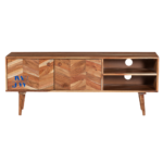 A solid wood TV unit with a herringbone design, featuring two doors and two open shelves, ideal for modern and rustic living room storage.