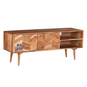 A solid wood TV unit with a herringbone design, handcrafted in India, featuring two doors and two open shelves for storage, ideal for modern and rustic living spaces.