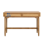 "JW Collection Solid Wood Writing Desk with Light Honey finish, faux rattan drawer fronts, and spacious work surface."