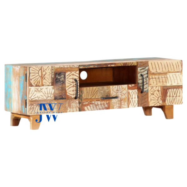 Mandala Hand Carved TV Cabinet made from recycled wood with vibrant colors and intricate patterns
