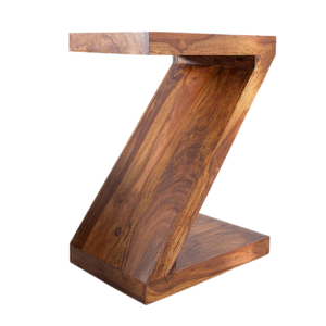 Front view of Z Shape Side Table in Sheesham Wood, 45 cm natural finish solid wood side table handcrafted in India