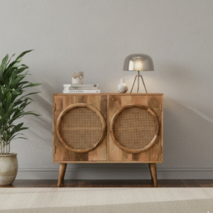 Seren Cane Front Wooden Cabinet styled in a modern living room setup