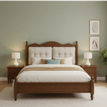 Arden Upholstered Bed Front View in Solid Mango Wood