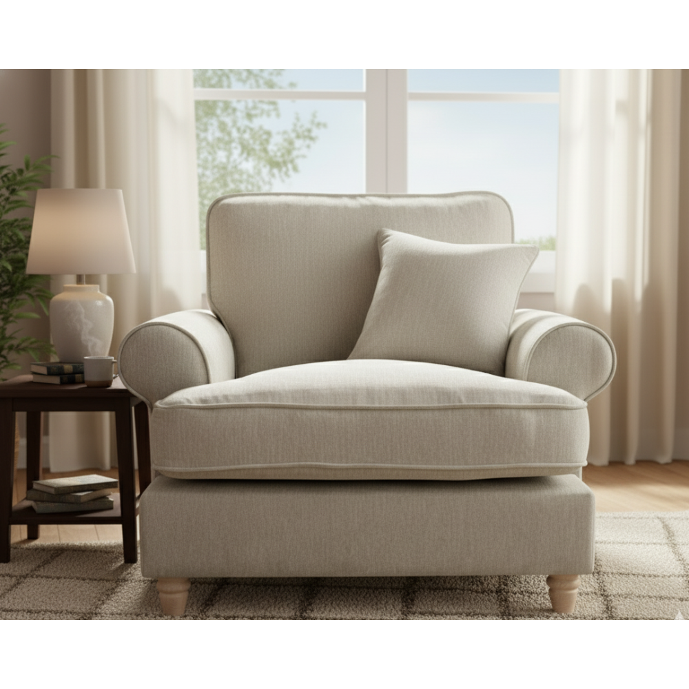 Front View of Nisha Royale Wooden Sofa Nisha Royale Wooden Sofa with Premium Upholstery – Front View