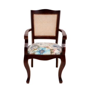 Handcrafted Wooden Royal Cane Arm Chair made from solid hardwood with natural cane backrest and dark light finish – perfect for dining or living room.