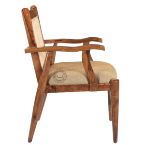 Side view of Wooden Lounge Arm Chair showing ergonomic armrests, cushioned seat, and handmade cane backrest.