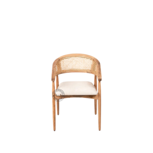 Front view of True Lounge Chair with curved cane back and cushioned seat