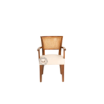 Front view of JR Rattan Dining Chair with arms, natural cane woven back, and cushioned seat
