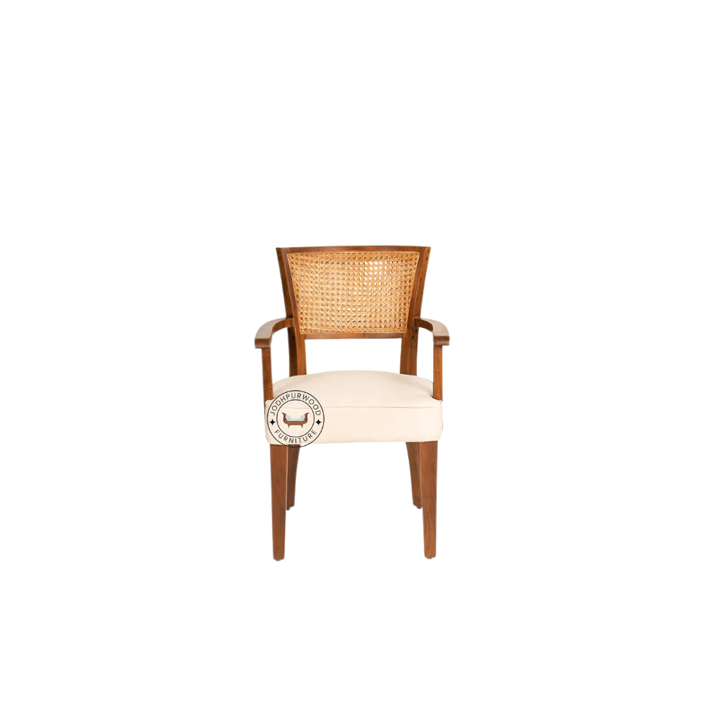 Front view of JR Rattan Dining Chair with arms, natural cane woven back, and cushioned seat