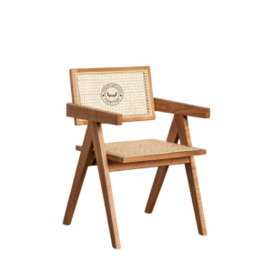 Front view of Rene Cane Dining Chair with armrest, cushioned seat, and cane woven back