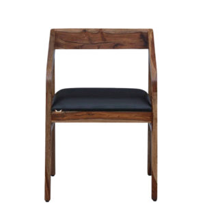 Front view of Premium Solid Sheesham Wood Arm Chair with rustic stain finish, luxurious leather cushion, and sturdy wooden armrests and legs.