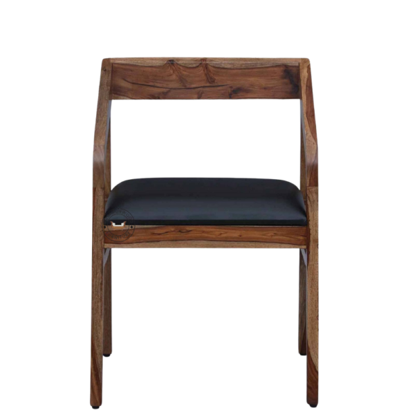 Front view of Premium Solid Sheesham Wood Arm Chair with rustic stain finish, luxurious leather cushion, and sturdy wooden armrests and legs.