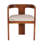Front view of Praise Dining Chair With Arm, featuring a barrel back that flows into armrests and a slim padded seat.
