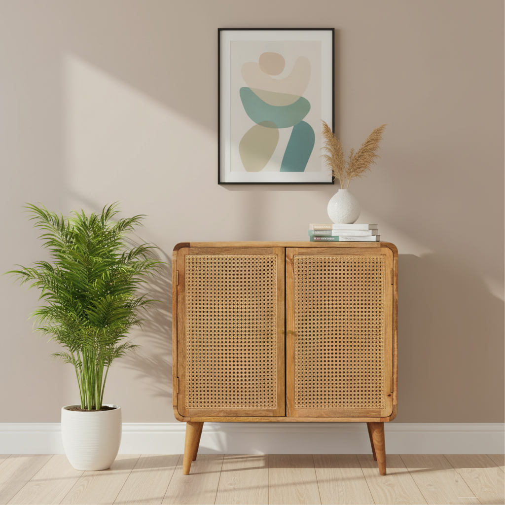 Aanya Hand Woven Cane Cabinet – Wooden -Life Style Aanya Hand Woven Cane Cabinet styled in modern living room interior