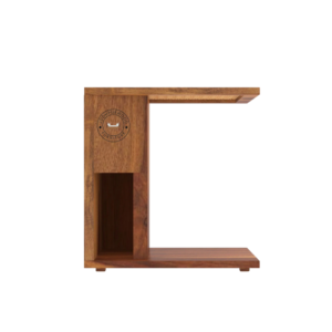 Handcrafted Sheesham wood C-shaped side table with rich grain and minimalist design.