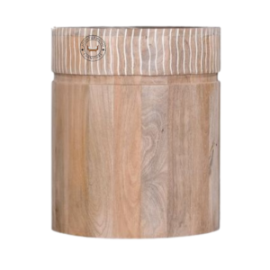 Front view of Kavya 15" Round Mango Wood End Table with natural finish, handcrafted solid mango wood side table for living room or bedroom