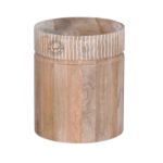 Side view of Kavya 15" Round Mango Wood End Table, solid mango wood side table with natural finish, compact and sturdy handmade furniture