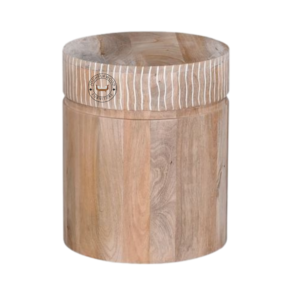 Side view of Kavya 15" Round Mango Wood End Table, solid mango wood side table with natural finish, compact and sturdy handmade furniture