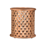 Front view of P Raj Wood Hand Carved Side Table in natural finish, round mango wood accent table with intricate lattice design