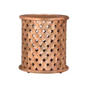 Front view of P Raj Wood Hand Carved Side Table in natural finish, round mango wood accent table with intricate lattice design