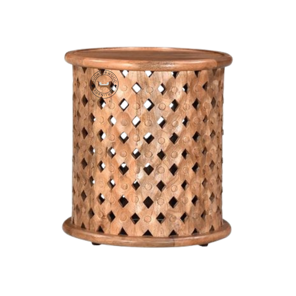 Front view of P Raj Wood Hand Carved Side Table in natural finish, round mango wood accent table with intricate lattice design