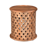 Side view of P Raj Wood Hand Carved Side Table, solid mango wood round side table with natural stain and durable construction