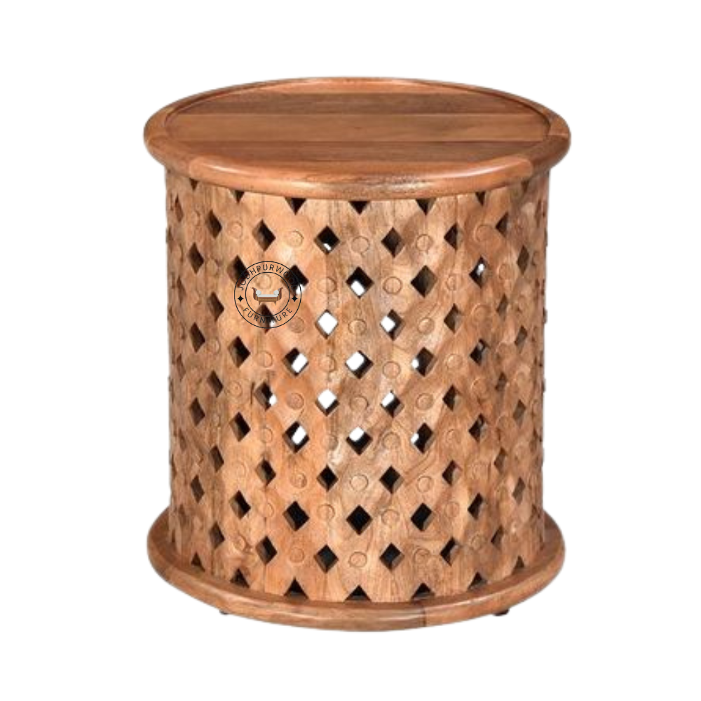 Side view of P Raj Wood Hand Carved Side Table, solid mango wood round side table with natural stain and durable construction