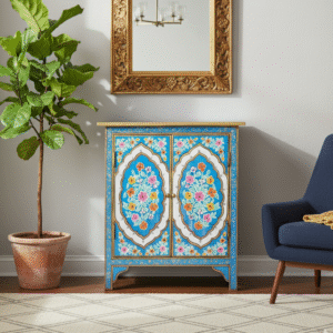 Floral Hand Painted Wooden Cabinet – Lifestyle Front View | Traditional Handcrafted Wooden Furniture India