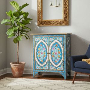 Floral Hand Painted Wooden Cabinet – Lifestyle Side View | Solid Wood Artistic Furniture India