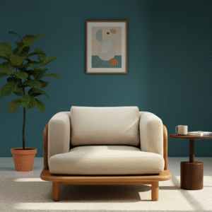 Regalia Wooden Upholstered Sofa placed in a modern living room setup with décor accents