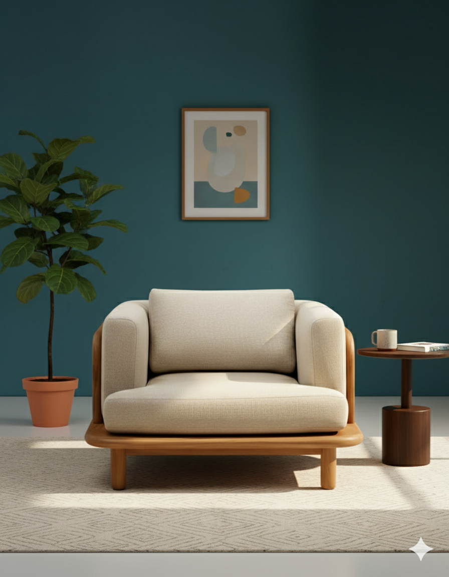 Regalia Wooden Upholstered Sofa – Lifestyle View Regalia Wooden Upholstered Sofa placed in a modern living room setup with décor accents