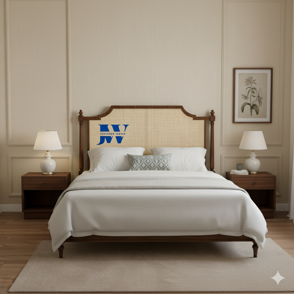 Front view of Aaranya Cane Sheesham Wood Bed with woven cane headboard and low footboard handcrafted in India