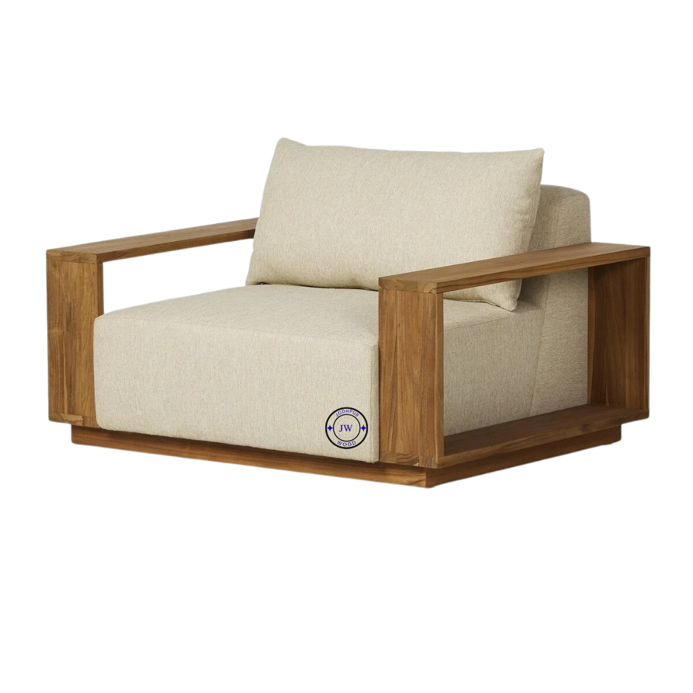 Side view of mango wood single seater sofa in light honey finish by Jodhpur Wood