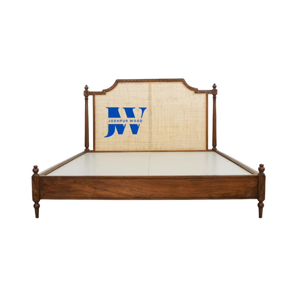 Front view of Aaranya Cane Sheesham Wood Bed with woven cane headboard and low footboard handcrafted in India